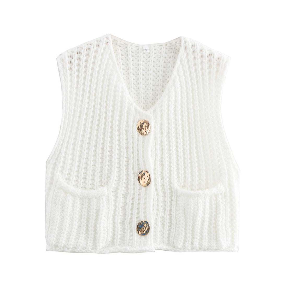 Knitted vest for women with decorative buttons and practical pockets Lune London