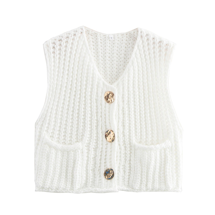 Knitted vest for women with decorative buttons and practical pockets Lune London