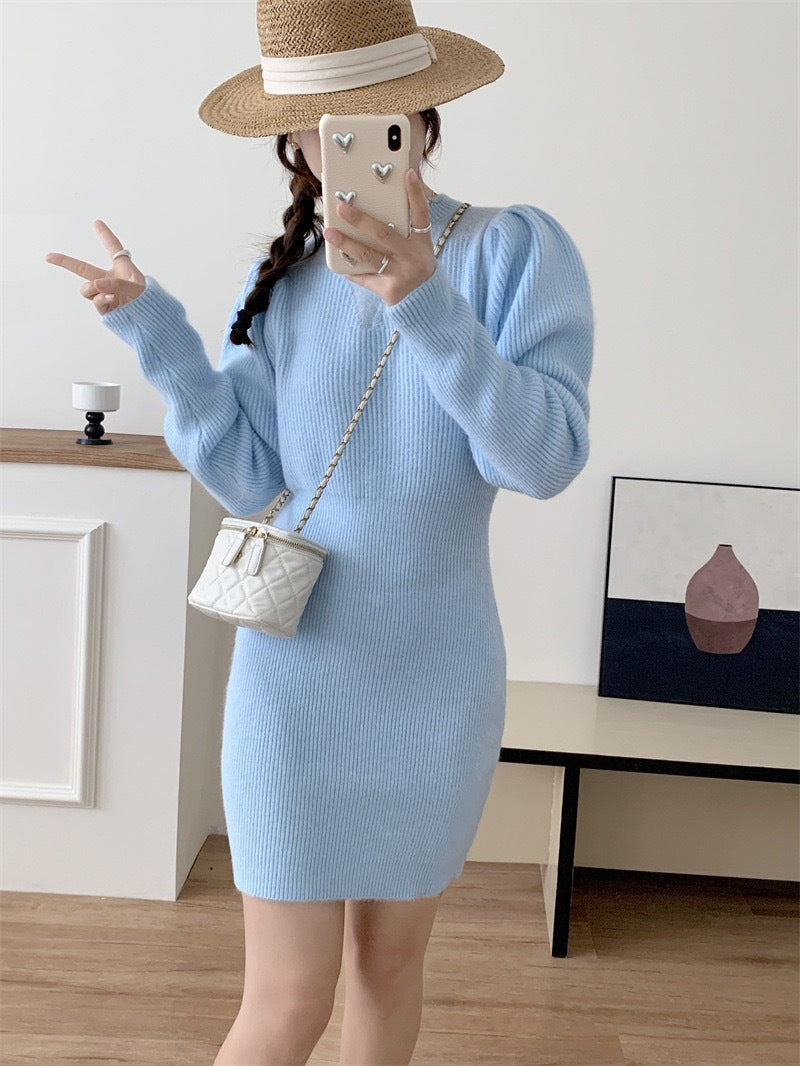 Elegant knitted dress for women with a fitted silhouette and puff sleeves Lune London