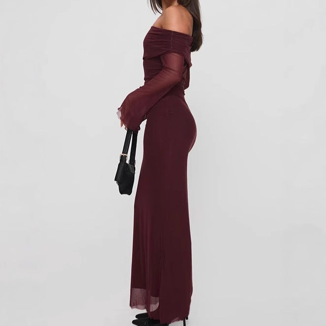 Sleeveless maxi dress for women with lace details and off-the-shoulder design Lune London