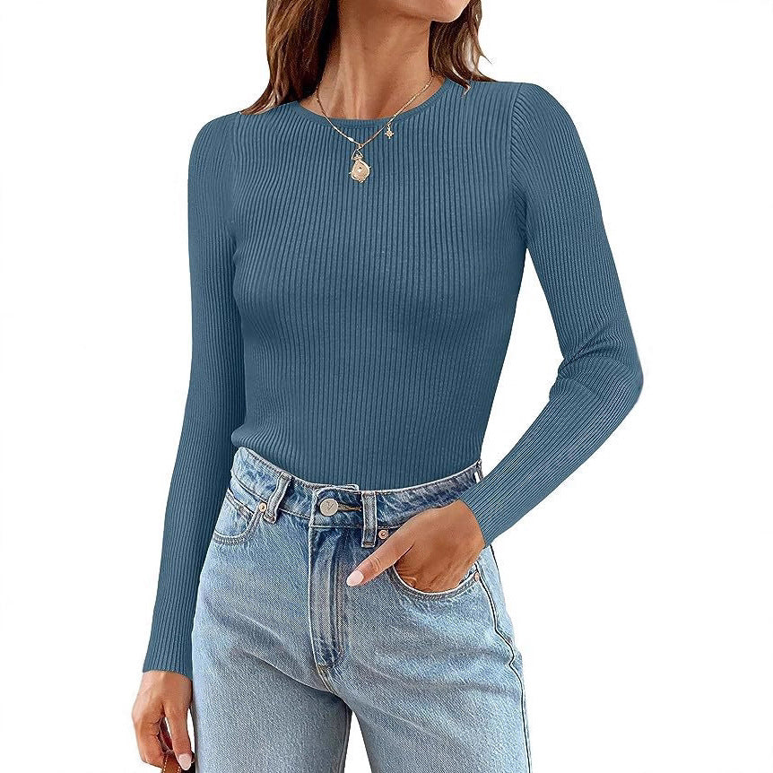 Woman Long Sleeve Ribbed Top with Classic Round Neck and Fitted Cut Lune London