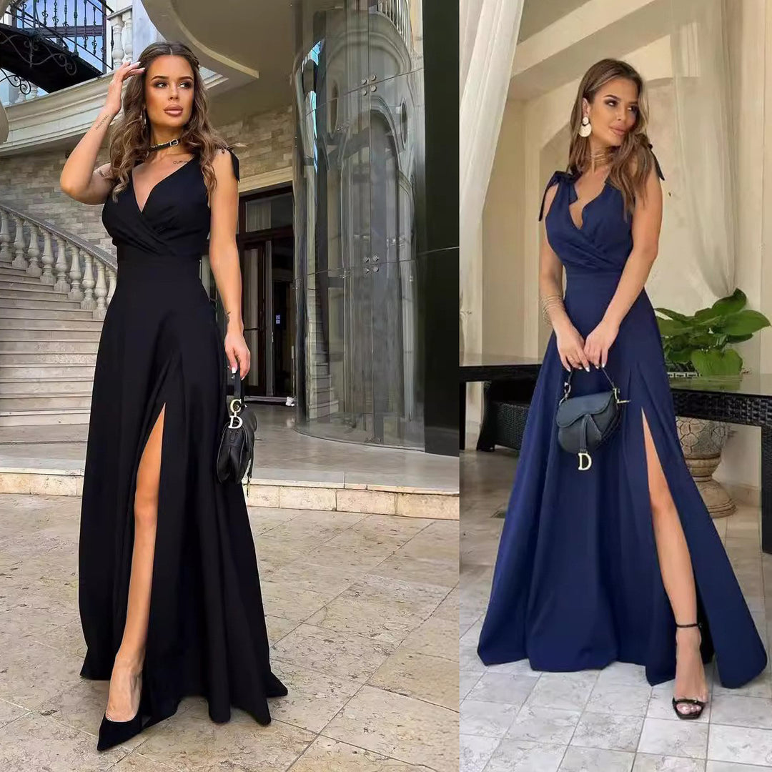 Elegant maxi dress for women with side slit and tie-up straps Lune London