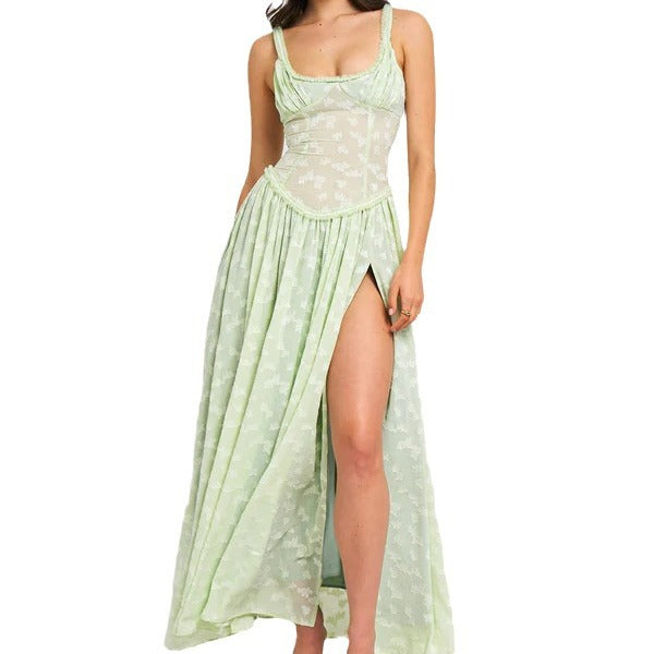 Women Floor-Length Lace Dress with Transparent Inserts and Refined Slit Lune London