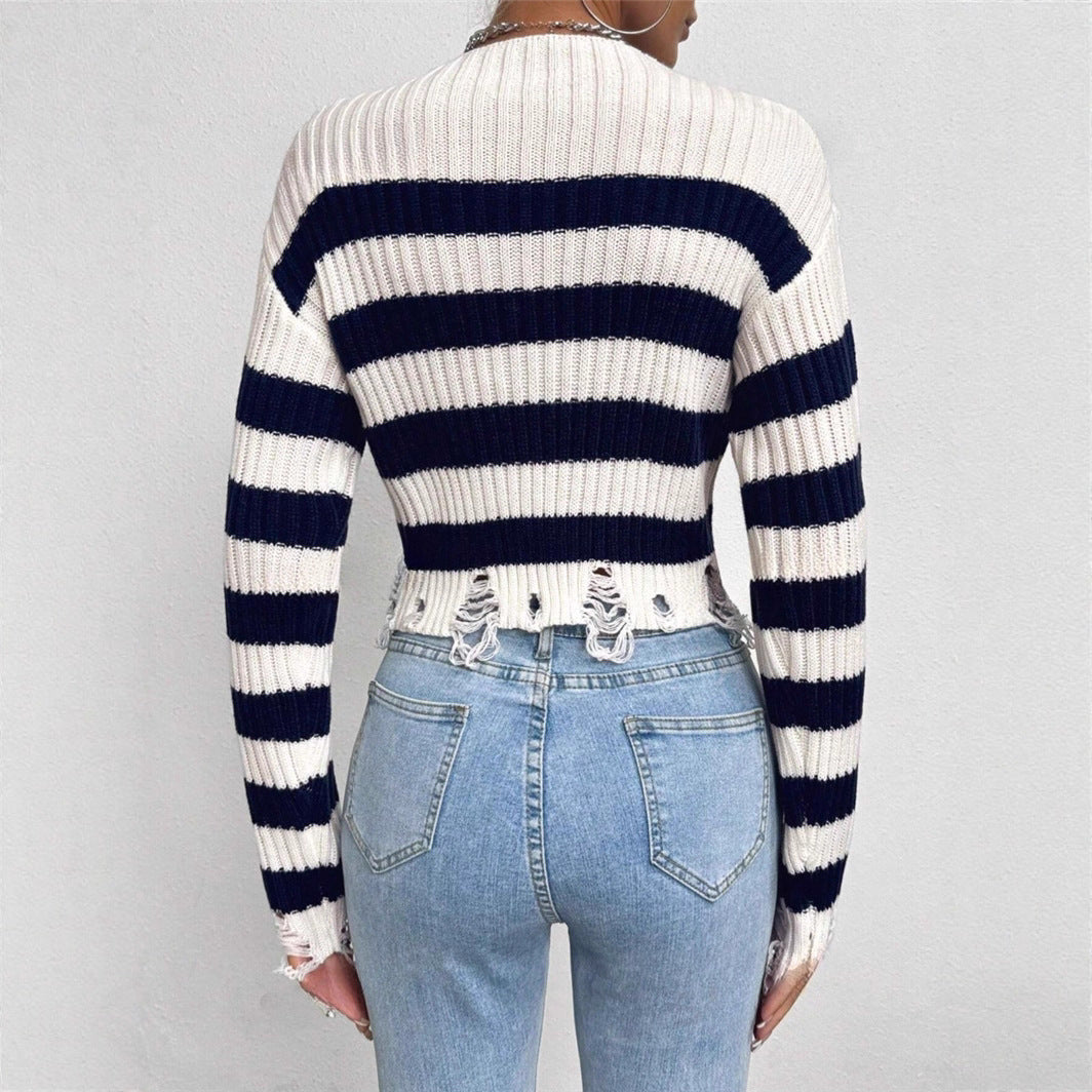 Ladies Cropped Sweater with stylish stripes and distressed details Lune London