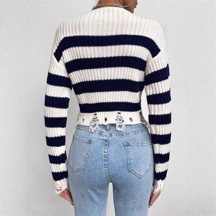 Ladies Cropped Sweater with stylish stripes and distressed details Lune London