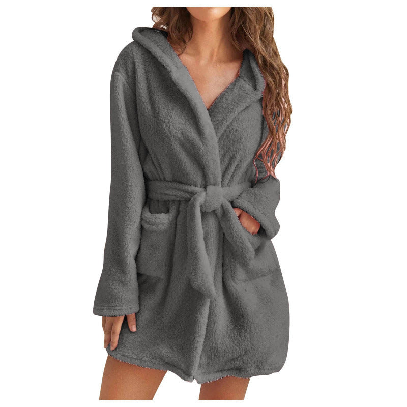 Women's Fleece Robes with Practical Pockets and Cozy Hooded Design Lune London