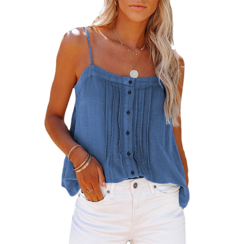 Lightweight women's tank top with spaghetti straps, plaid design and button details Lune London
