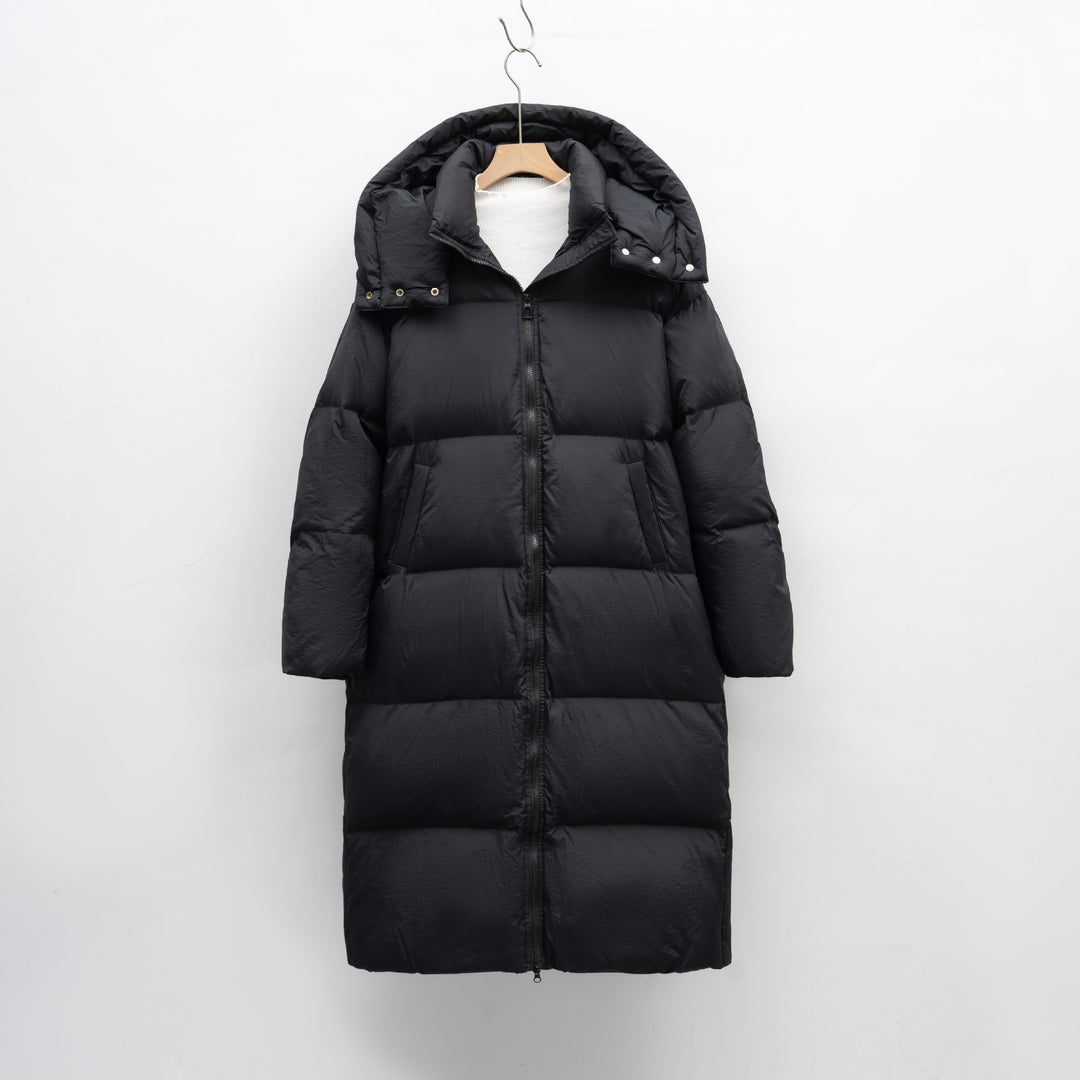 Ladies Long and Bulky Down Coat with Removable Hood and Side Pockets Lune London