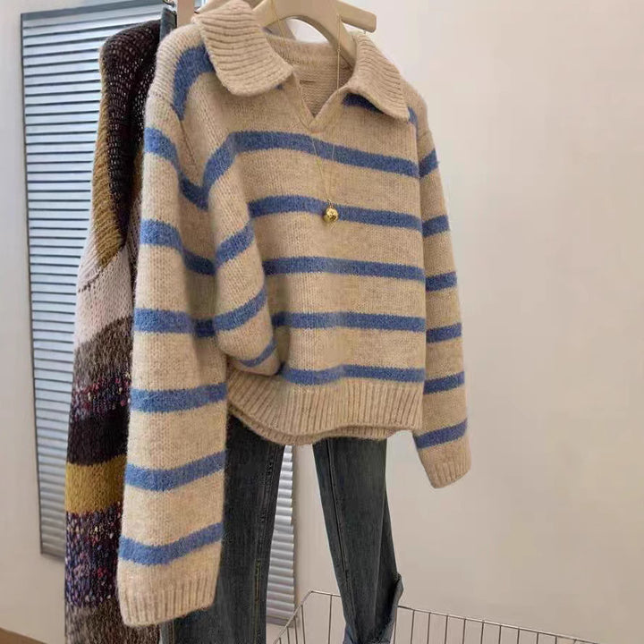 Knit sweater for women with V-neck and textured striped pattern Lune London