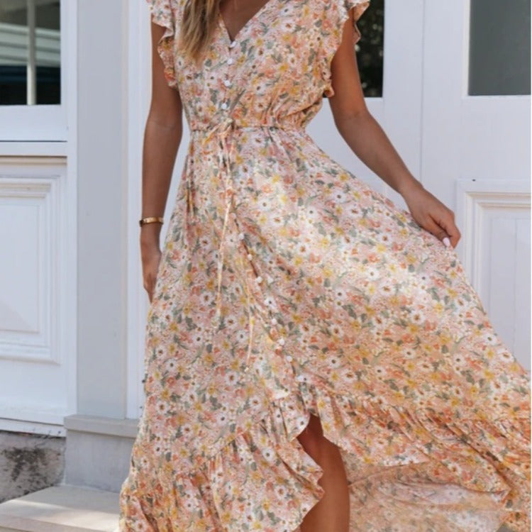 Robe maxi femme avec un délicat imprimé floral et des détails en volants Chic & Stil