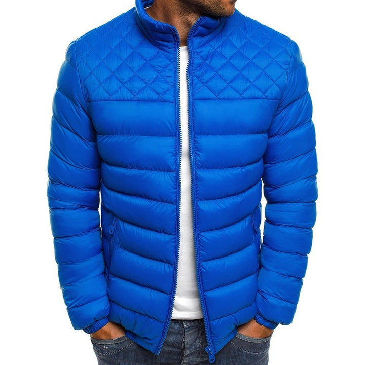 Padded transition jacket for men with high collar and practical zip pockets Lune London