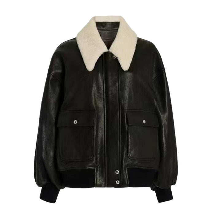 Trendy leather jacket for women with voluminous sleeves and Teddy collar Lune London