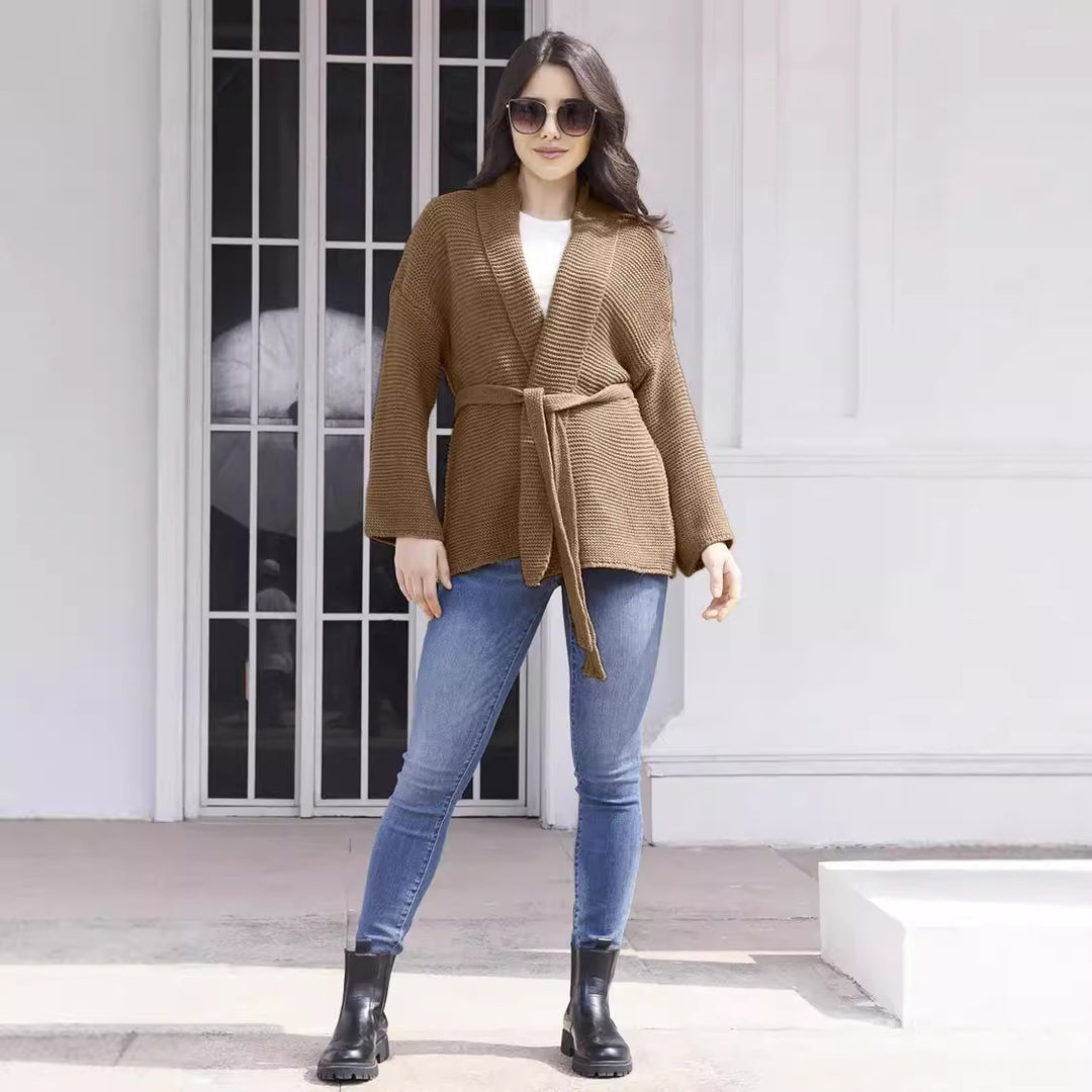 Casual knitted cardigan for women with a waist belt and shoulder seams Lune London