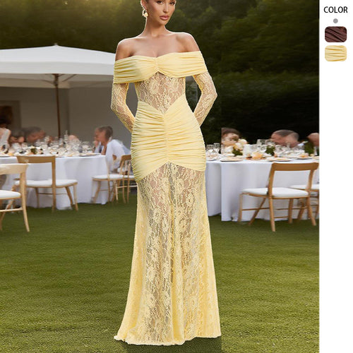 Elegant lace maxi dress for women with refined ruffle details and bare straps Chic & Stil