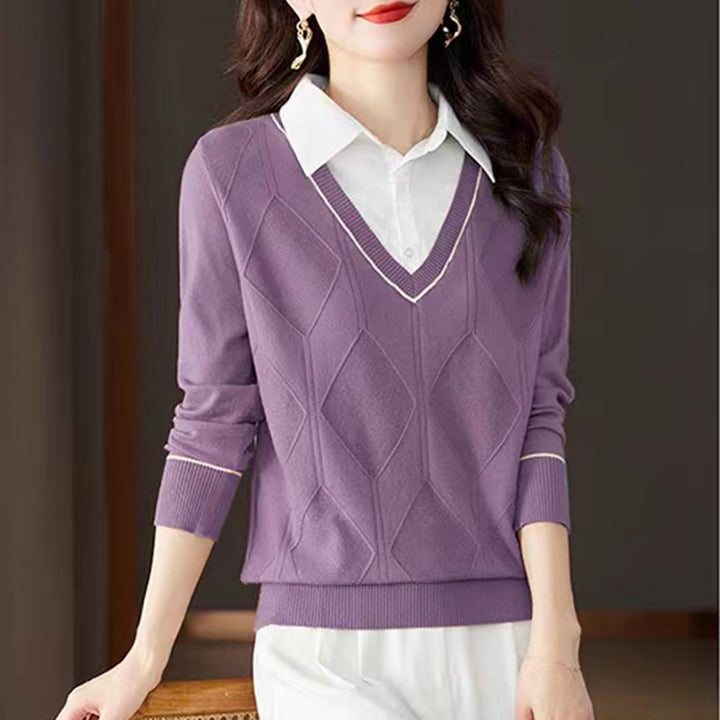 Women's knit sweater with V-neck and textured diamond pattern Lune London