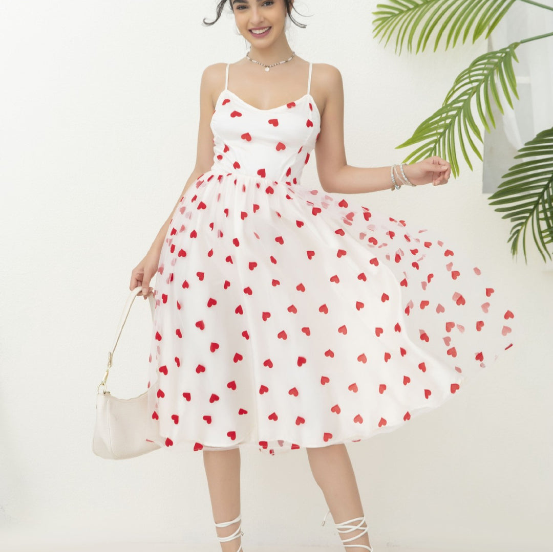 Women's romantic A-line dress with heart motif and adjustable straps Lune London