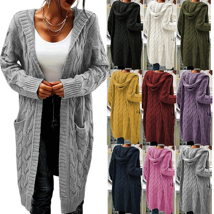 Ladies chunky knit cardigan with side pockets and structured cable design Lune London