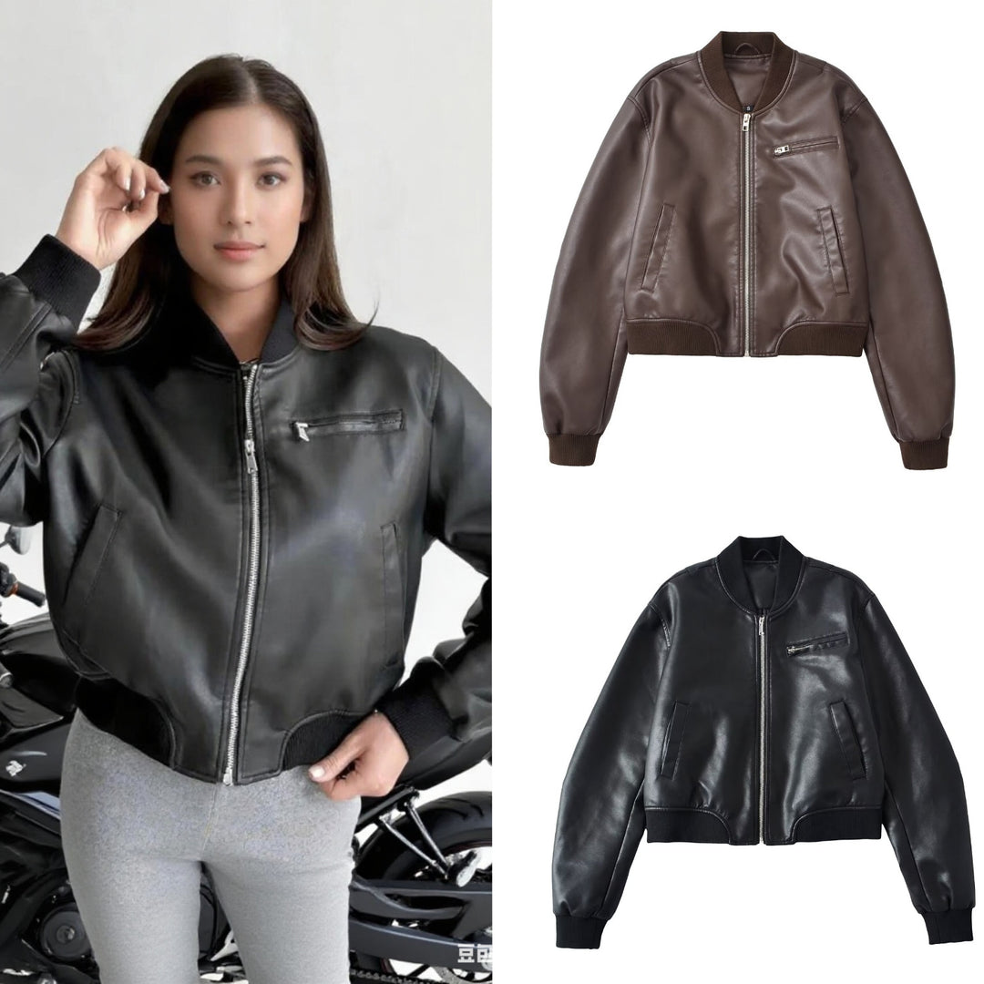 Faux leather bomber jacket for women with elastic finish and practical pockets Lune London