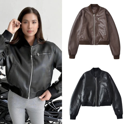 Faux leather bomber jacket for women with elastic finish and practical pockets Lune London