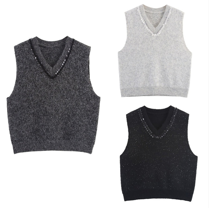 Ladies elegant sleeveless knitted sweater with sparkling appliqués Lune London