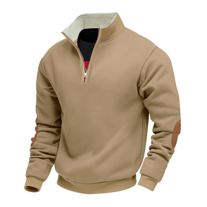 Trendy fleece pullover for men with half-zip and contrasting elbow patches Lune London