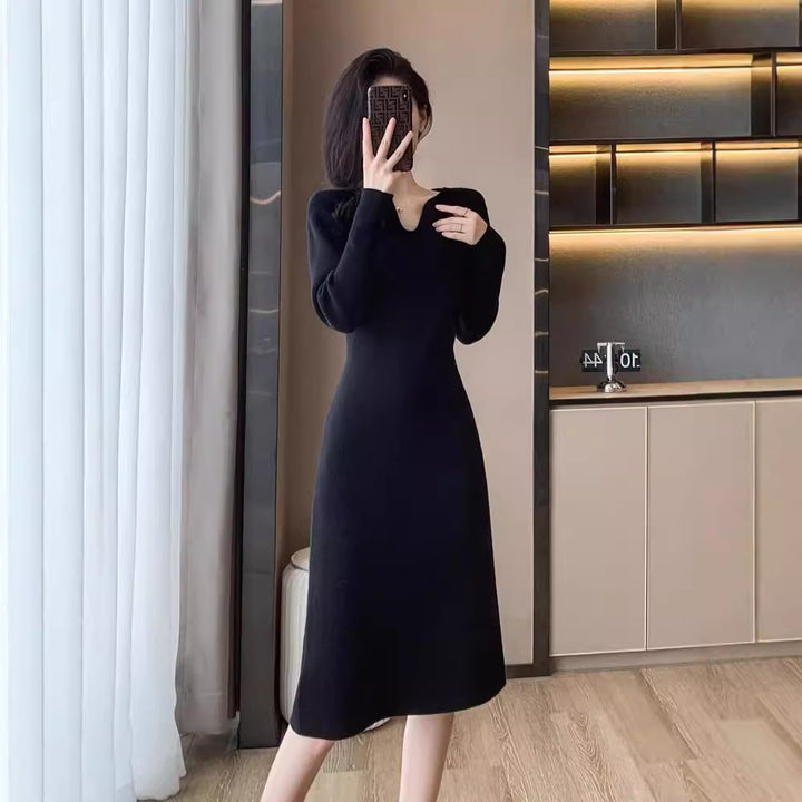 Knit dress for women with deep V-neck and specially designed structure Lune London