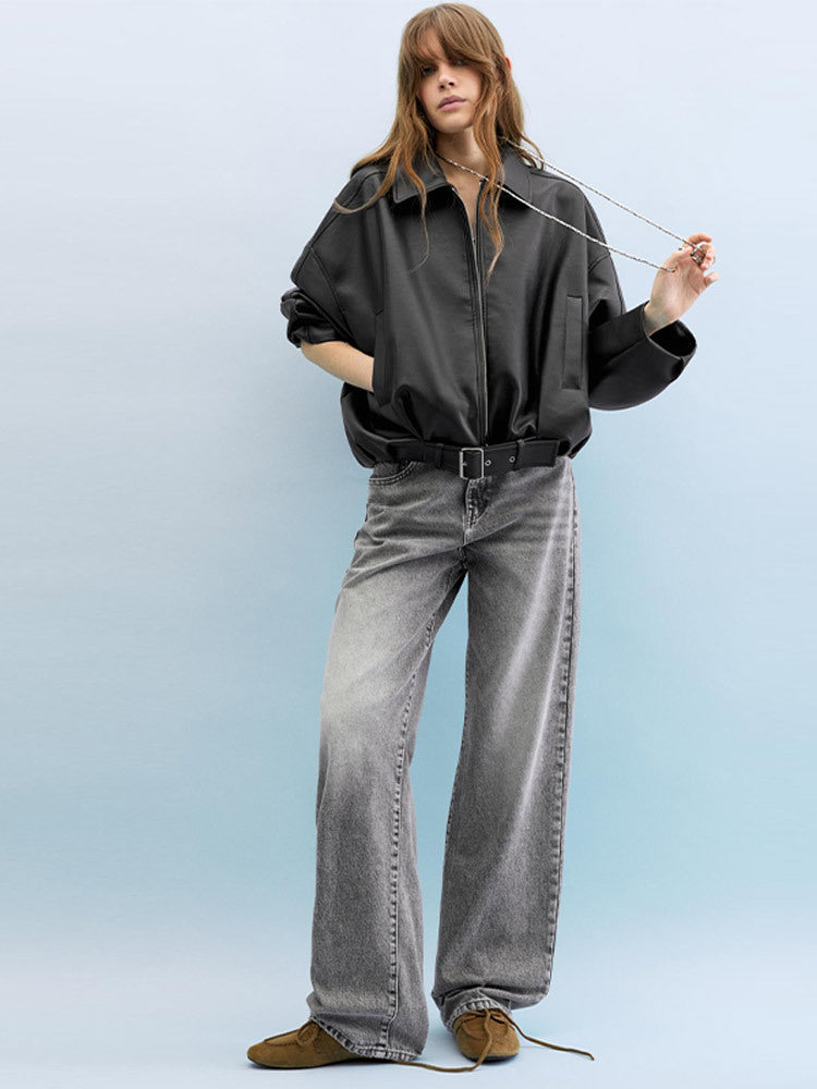 Fashion faux leather jacket for women with a loose fit and a waist belt Lune London