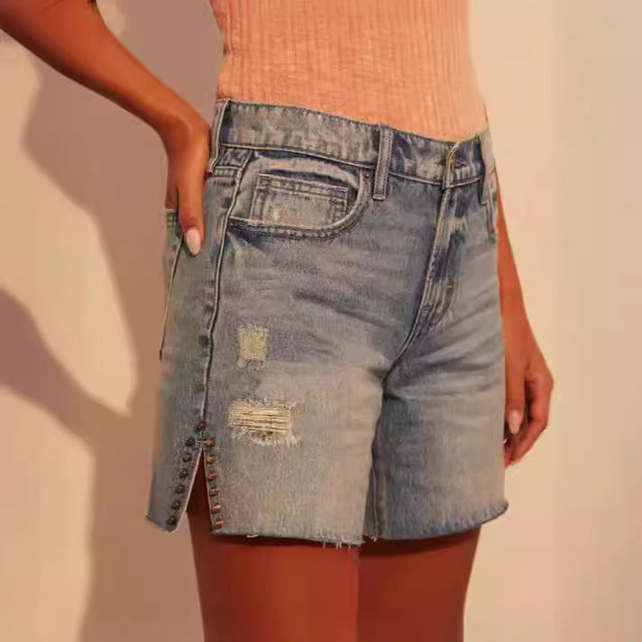 Women's Fashion Destroyed Denim Shorts with Studded Decoration Lune London
