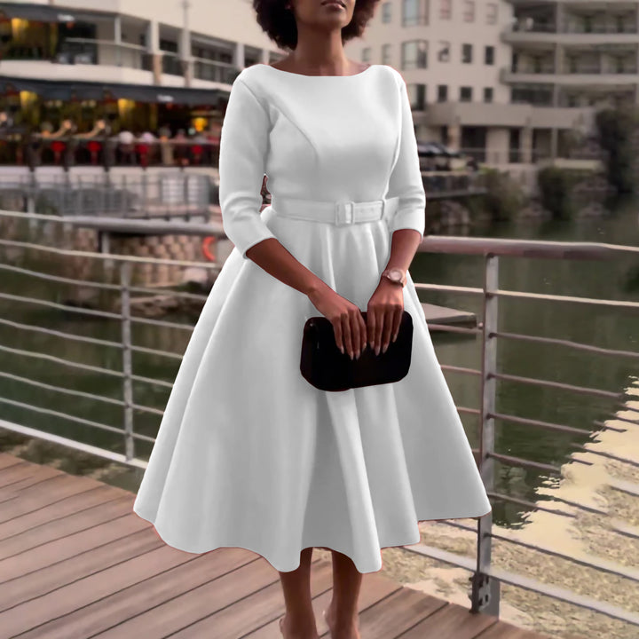 Elegant A-line dress for women with belt and ¾ sleeves Lune London
