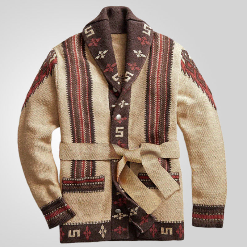 Knit jacket for women with artistic pattern and exclusive belt Lune London