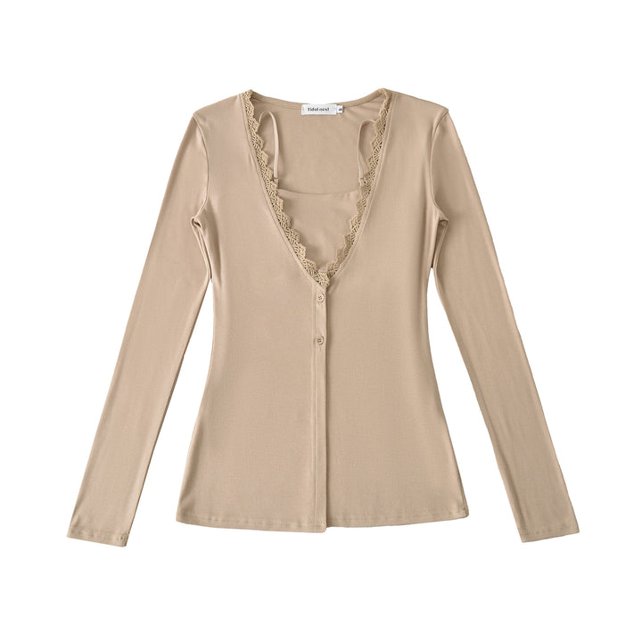 Women Long Sleeve Top with Elegant Lace Collar Lune London