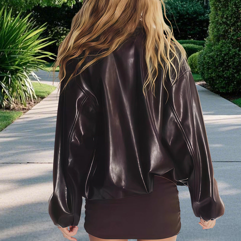 Ladies Chic and Stylish Oversized Faux Leather Jacket