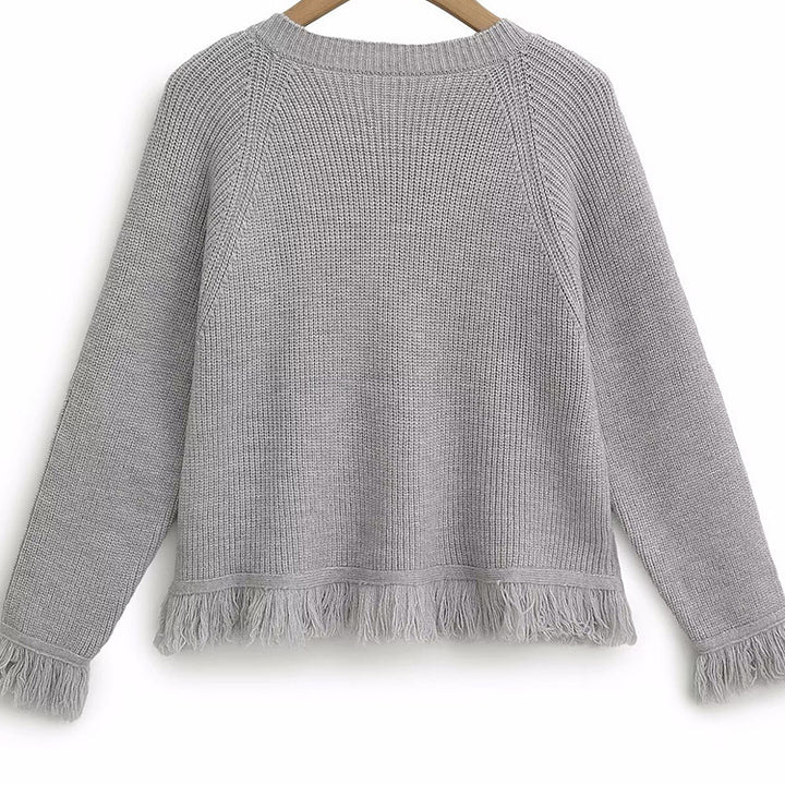 Ladies cardigan with fringed edges and button details Lune London