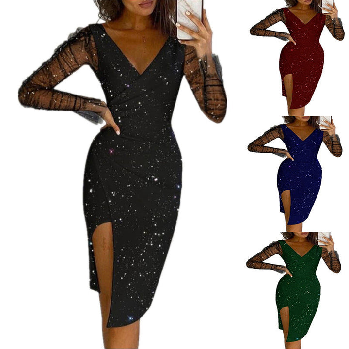 Ladies Elegant Wrap Dress with Transparent Sleeves and Shimmering Star Pattern Lune London