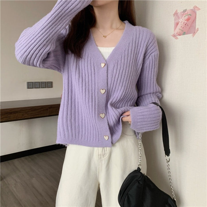 Ribbed knit cardigan for women with heart-shaped buttons Lune London