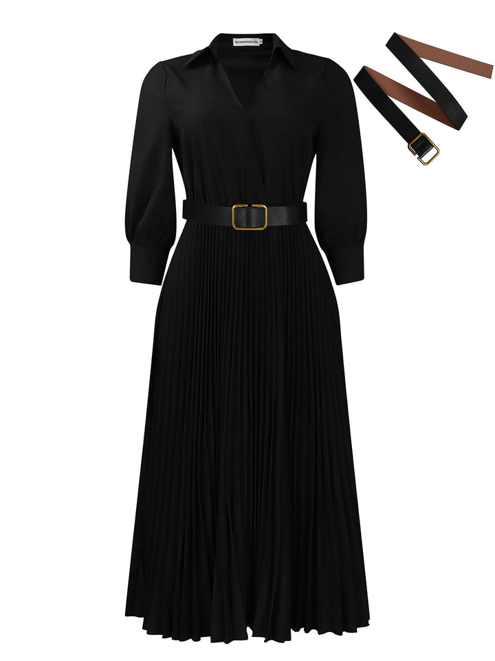 Ladies Elegant and comfortable pleated mid-length dress with belt Lune London