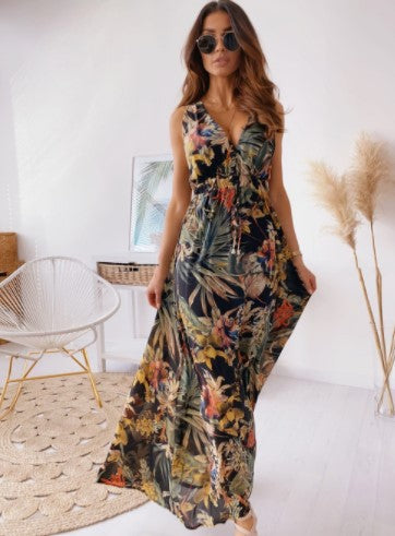 Bohemian maxi dress for women with deep V-neck and tie belt Lune London
