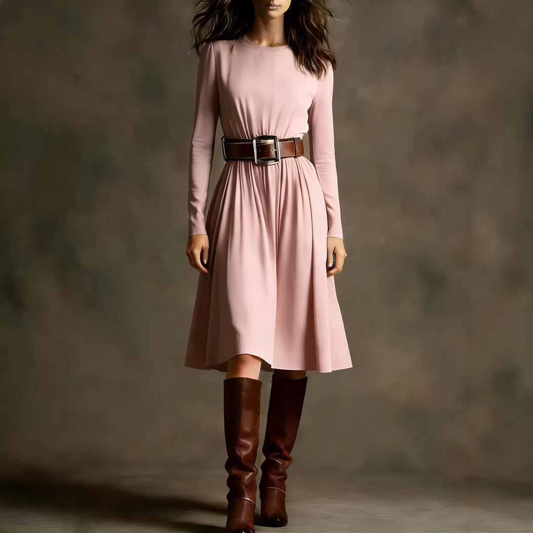 Women Elegant Dress with Long Sleeve and Waist Belt Chic & Stil