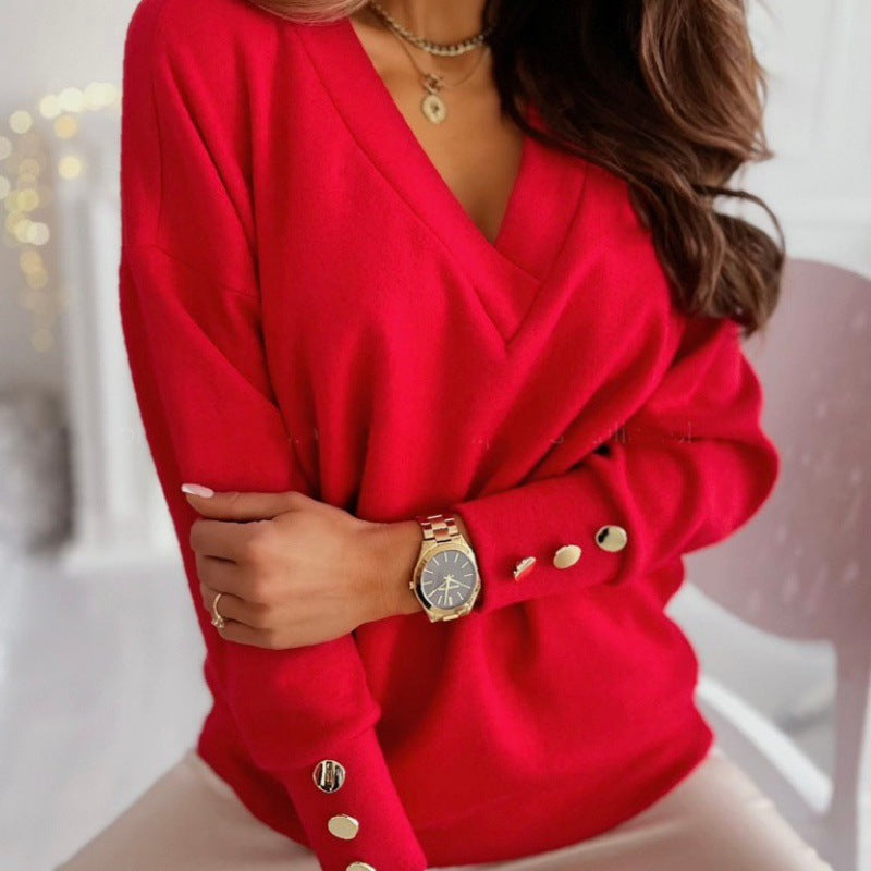 Women Casual V-neck Sweater with Button Details Lune London