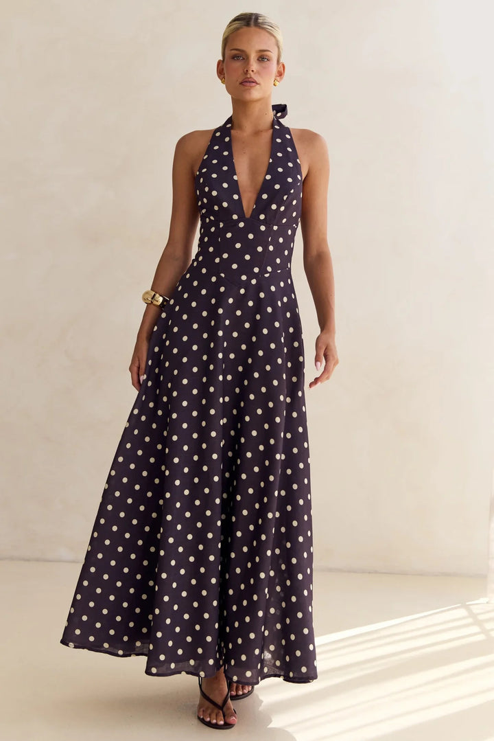Ladies max dress with deep V-neckline and floral accents Lune London