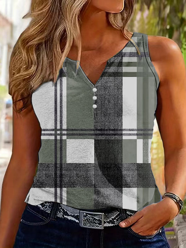 Sleeveless top for women with V-neck, decorative button detail, and modern plaid pattern Lune London