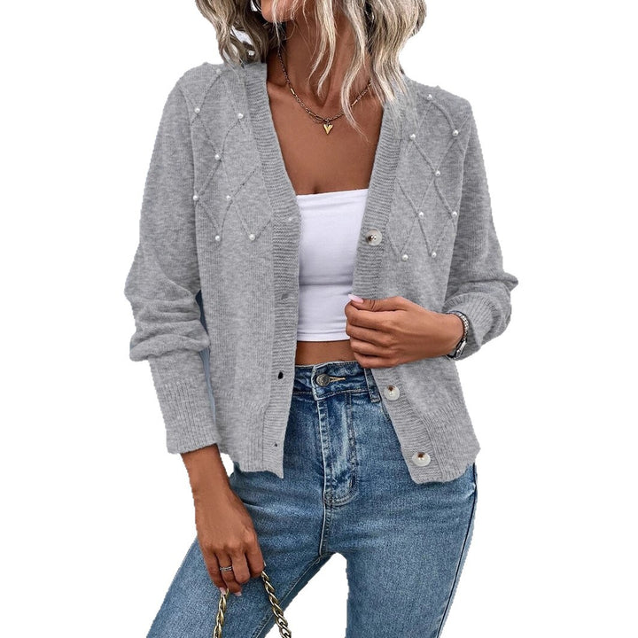 Women's knit jacket with pearl ornament and V-neck Lune London