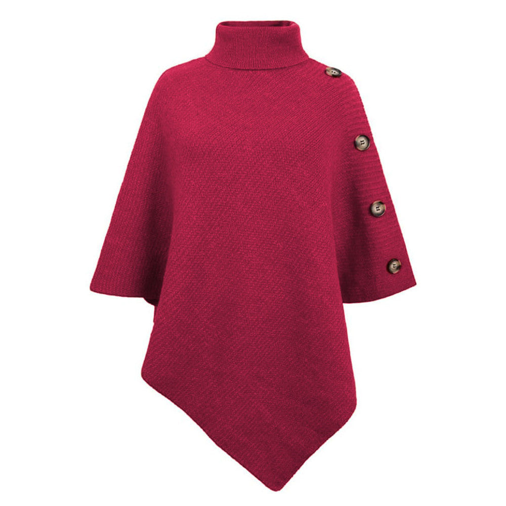 Ladies elegant poncho with high collar and decorative buttons Lune London