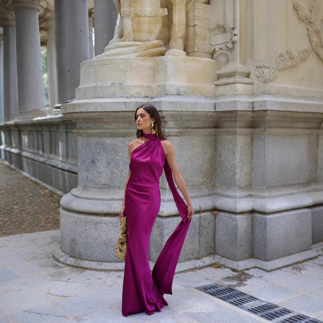 Ladies Elegant Maxi Dress with Asymmetric Cut and Chic Gathering Lune London