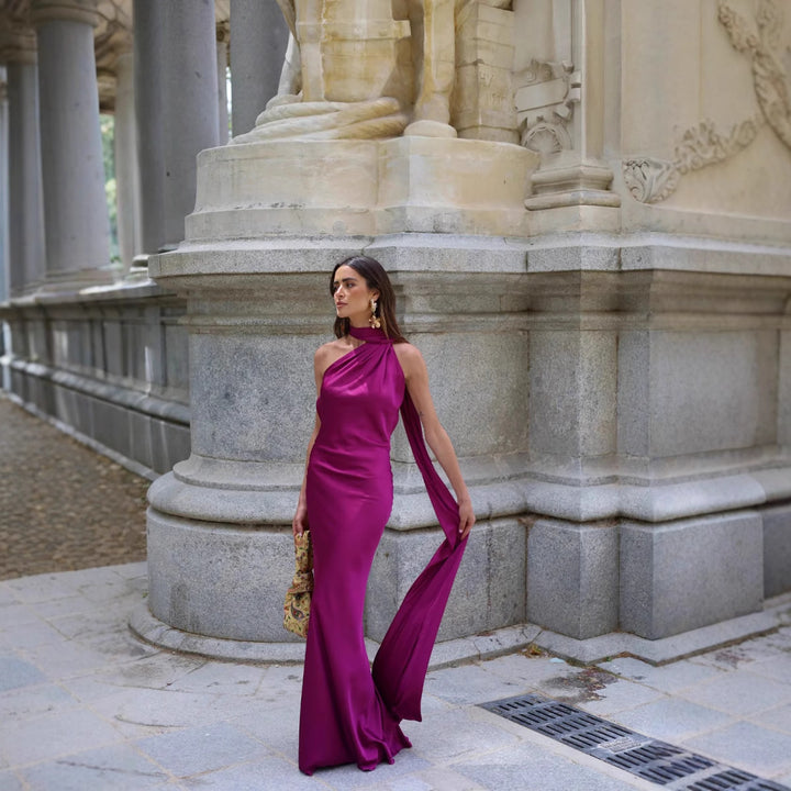 Ladies Elegant Maxi Dress with Asymmetric Cut and Chic Gathering Lune London