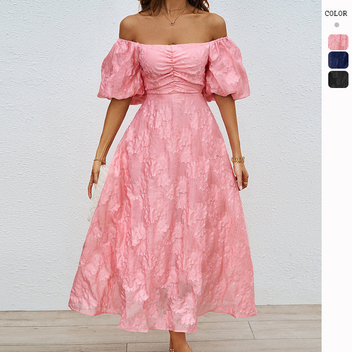 Maxi A-Line Dress for Women with Voluminous Puff Sleeves and Chic Floral Design