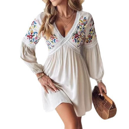 Airy summer dress for women with embroidered V-neck and long sleeves Lune London