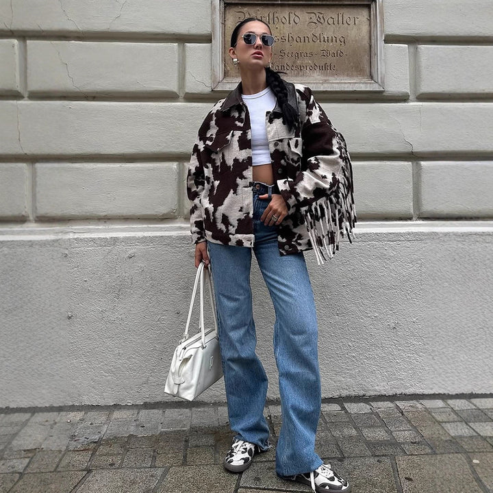 Fringed oversized jacket for women with cow print Lune London