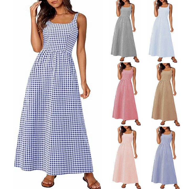Ladies MAXI DRESS with checkered pattern and thin straps Lune London