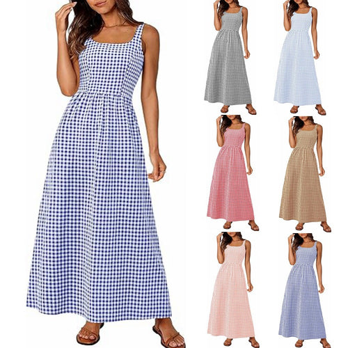 Ladies MAXI DRESS with checkered pattern and thin straps Lune London